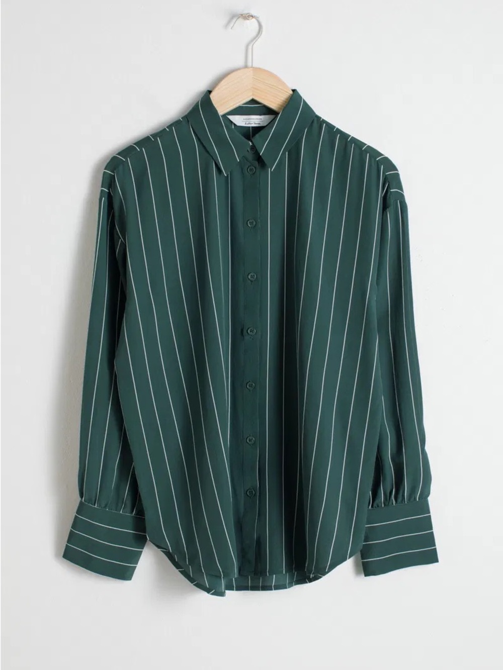 & Other Stories Dark Green Vertical-Stripe Button-Down Silk Shirt - Picture 5 of 8